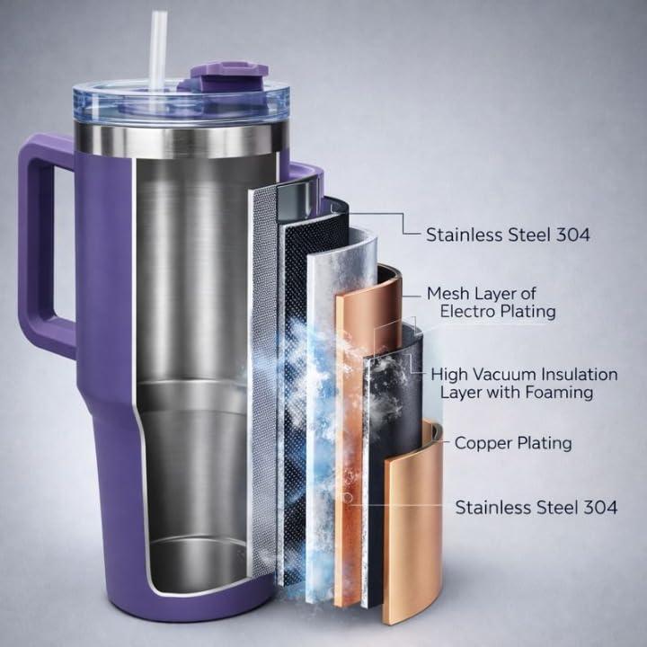 Premium Purple Stainless Steel Tumbler with Handle & Straw