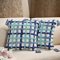Blue & Teal Checkered Boho Cushion Cover Set – Tufted Textured Decorative Throw Pillows Cover Set with Tassels for Sofa, Living Room & Bedroom (Pack of 2)
