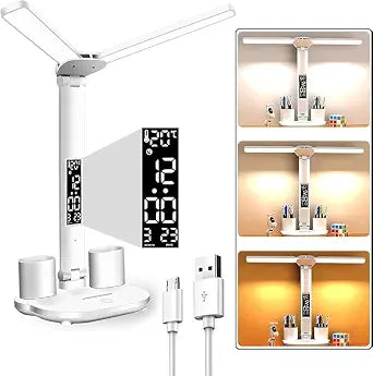 LED Desk Lamp with Clock & Pen Holder