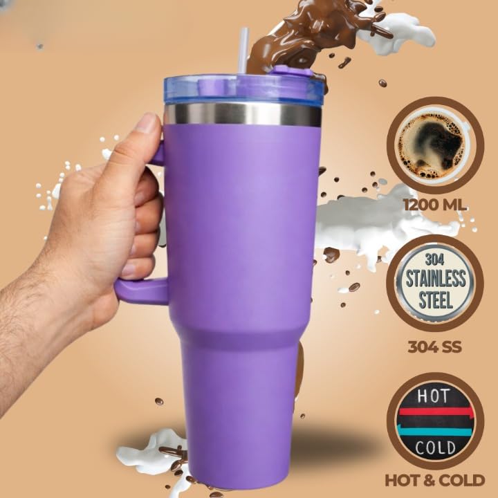 Premium Purple Stainless Steel Tumbler with Handle & Straw