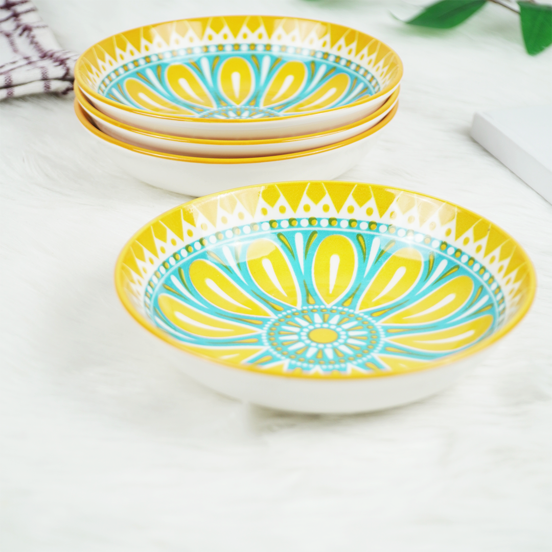 Colorful Ceramic Snack Plates Set – Yellow & Blue Decorative Serving Bowls | Modern Kitchen Tableware (Set of 4)