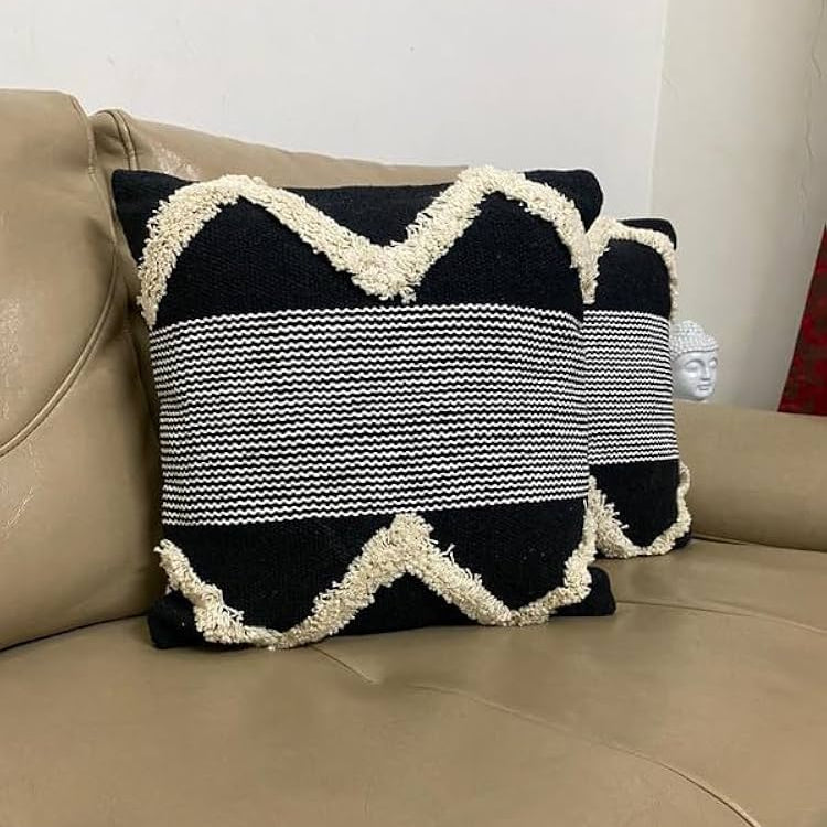 Black & White Boho Zigzag Textured Cushion Cover Set – Tufted Decorative Throw Pillows Cover Set for Sofa, Living Room & Bedroom (Pack of 2)