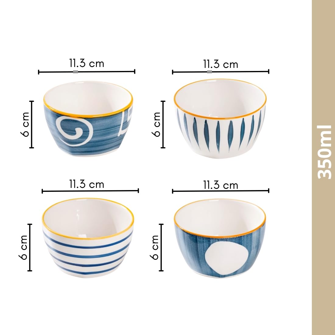 Indigo Charm Ceramic Bowls – Set of 4 | Handcrafted Blue & White Serving Bowls with Golden Rim