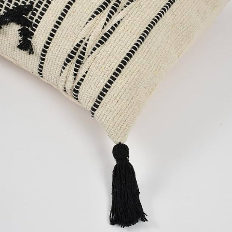 Boho Black & Cream Tribal Cushion Cover Set – Textured Woven Decorative Throw Pillows Cover Set with Tassels for Sofa, Living Room & Bedroom (Pack of 2)