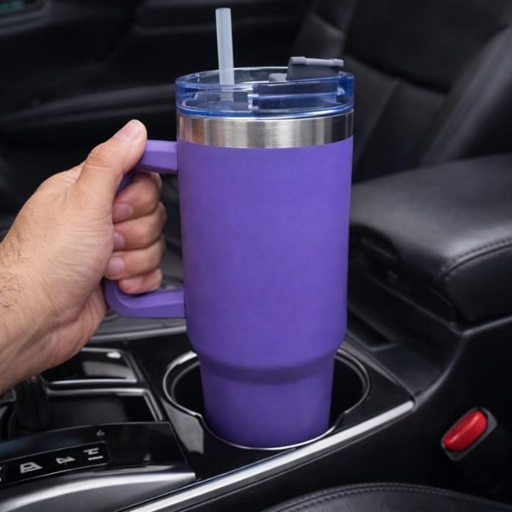 Premium Purple Stainless Steel Tumbler with Handle & Straw