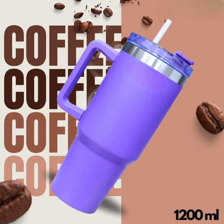 Premium Purple Stainless Steel Tumbler with Handle & Straw