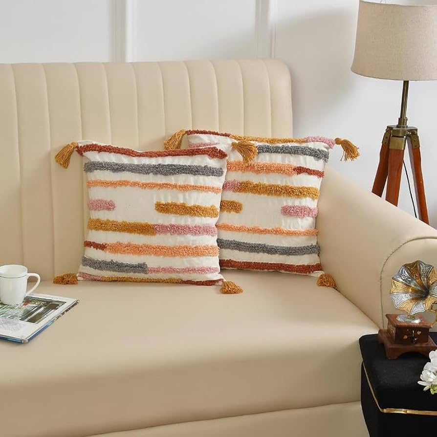 Boho Multicolor Striped Textured Cushion Cover Set – Tufted Decorative Throw Pillows Cover Set with Tassels for Sofa, Living Room & Bedroom (Pack of 2)