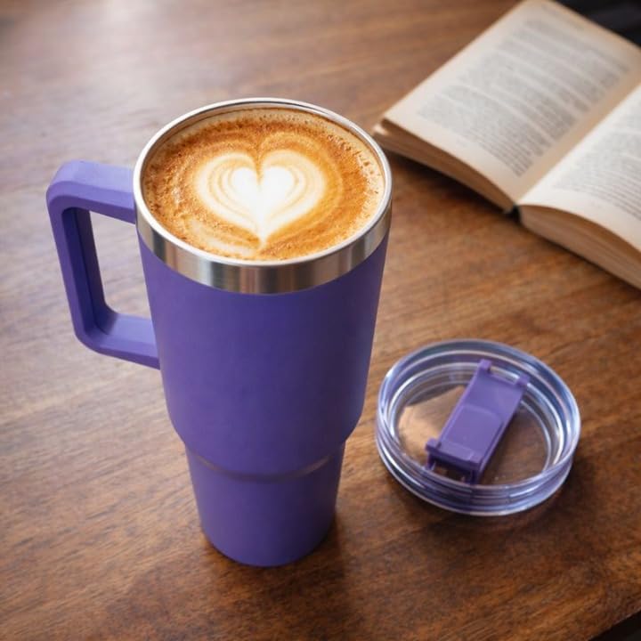 Premium Purple Stainless Steel Tumbler with Handle & Straw