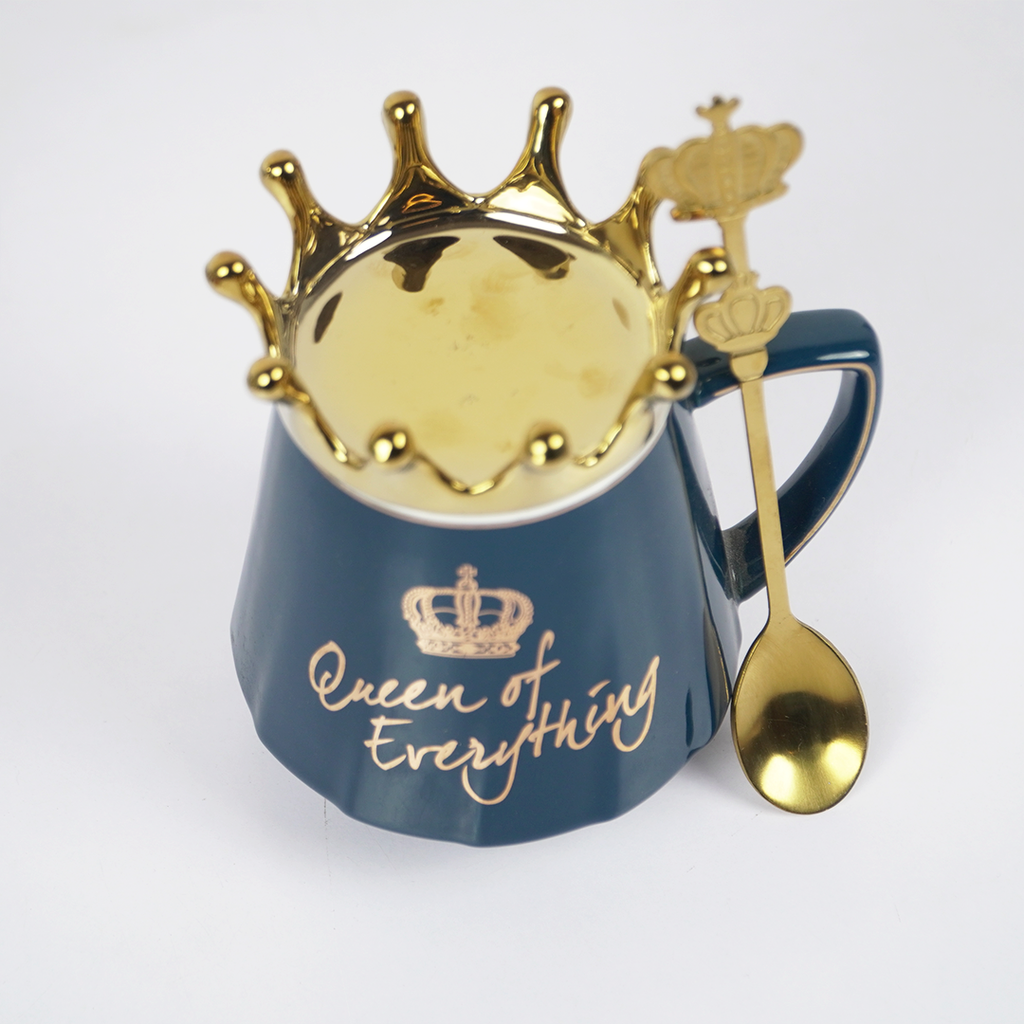 Queen of Everything Ceramic Coffee Mug with Crown Lid & Spoon | Royal Tea & Coffee Mug Set | Gift Mug for Women | (Black & Blue)