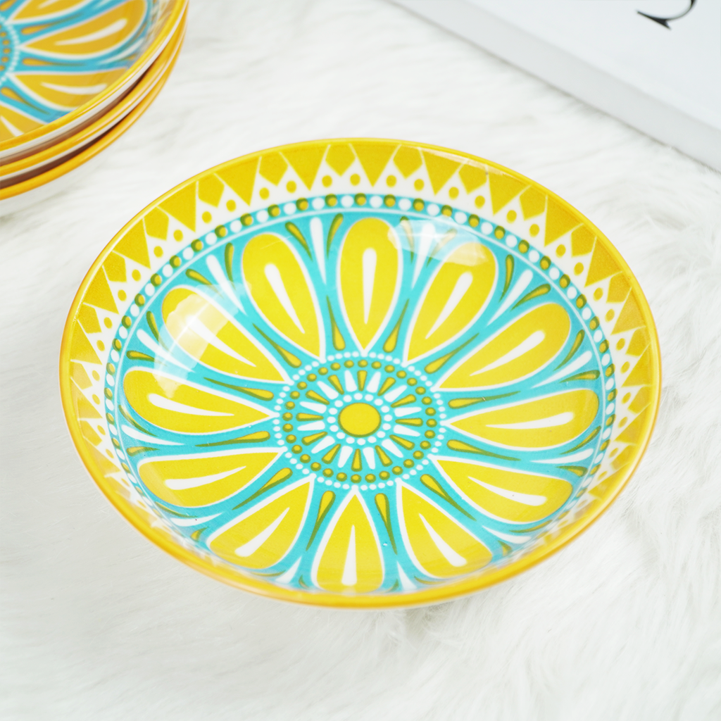 Colorful Ceramic Snack Plates Set – Yellow & Blue Decorative Serving Bowls | Modern Kitchen Tableware (Set of 4)