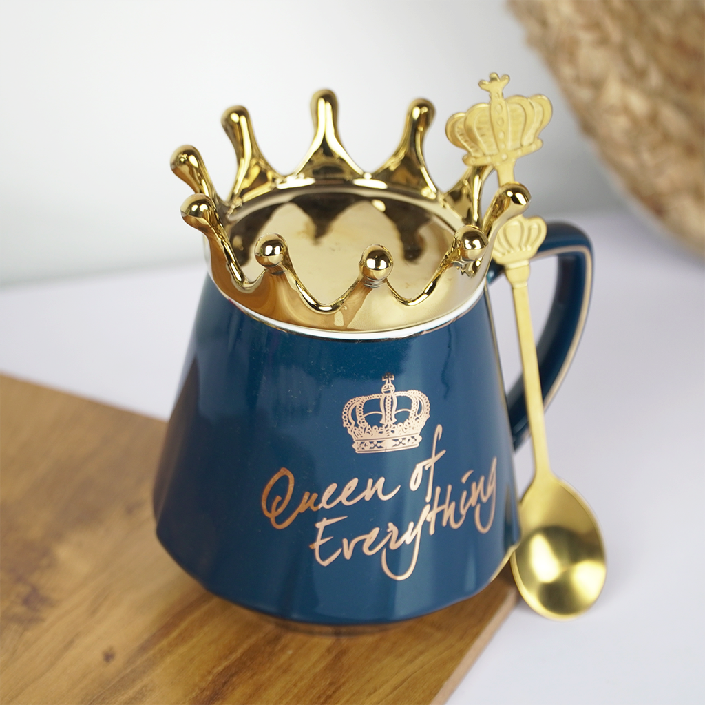 Queen of Everything Ceramic Coffee Mug with Crown Lid & Spoon | Royal Tea & Coffee Mug Set | Gift Mug for Women | (Black & Blue)