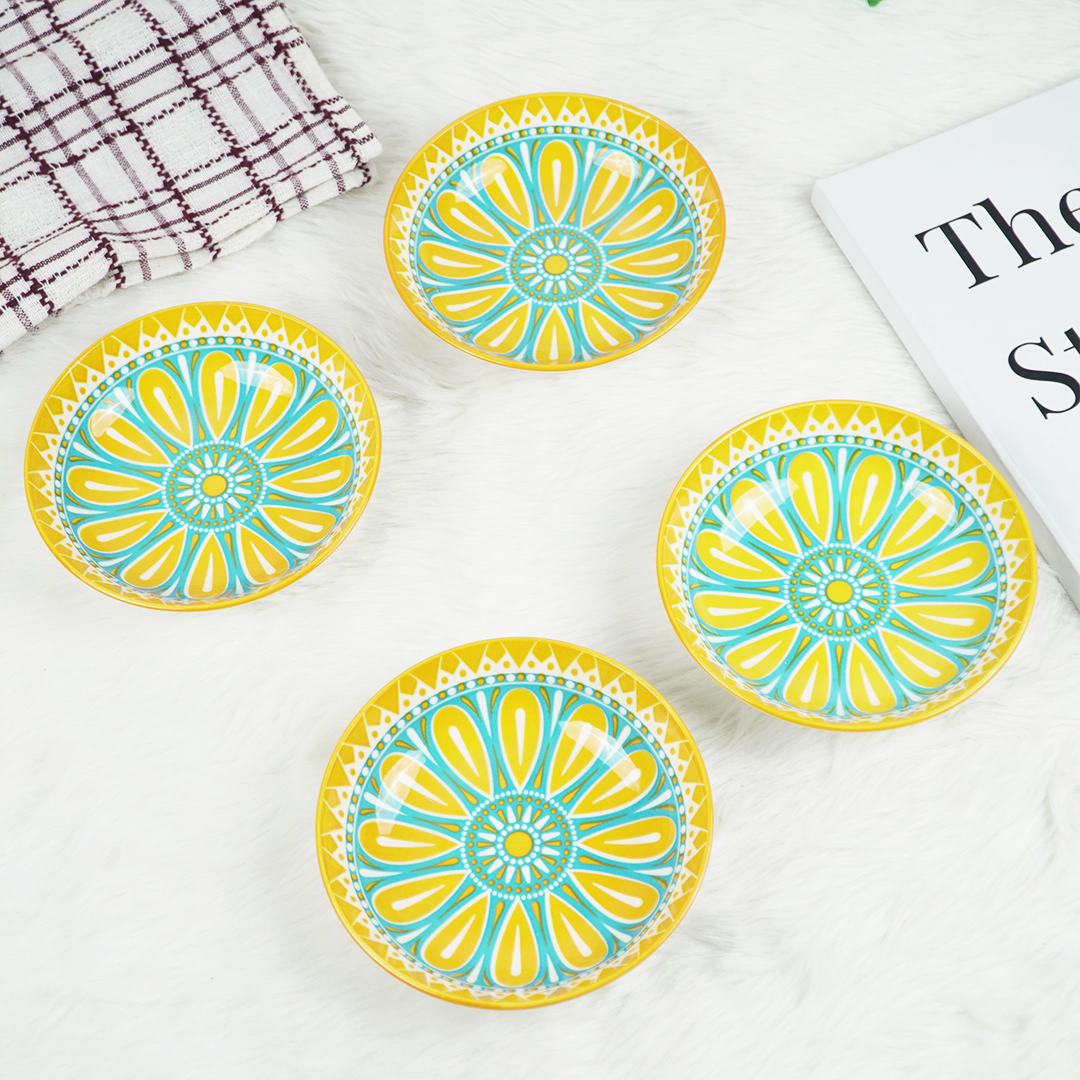 Colorful Ceramic Snack Plates Set – Yellow & Blue Decorative Serving Bowls | Modern Kitchen Tableware (Set of 4)
