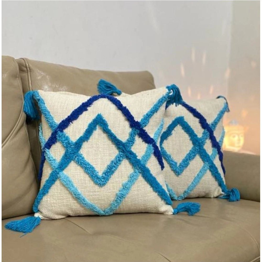 Blue Geometric Boho Cushion Cover Set – Tufted Textured Decorative Throw Pillows with Tassels for Sofa, Living Room & Bedroom (Pack of 2)