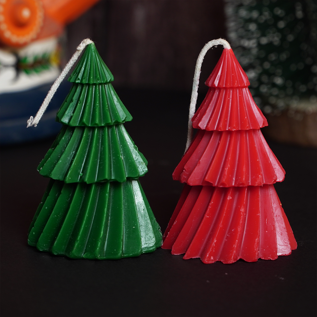 Set-2 Red and Green Christmas Tree Shape Decorative Candle