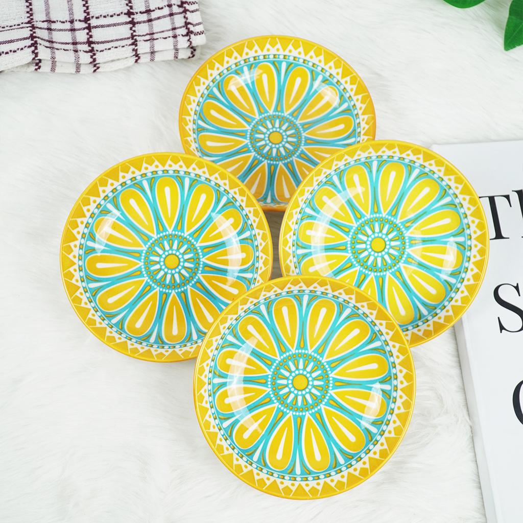 Colorful Ceramic Snack Plates Set – Yellow & Blue Decorative Serving Bowls | Modern Kitchen Tableware (Set of 4)
