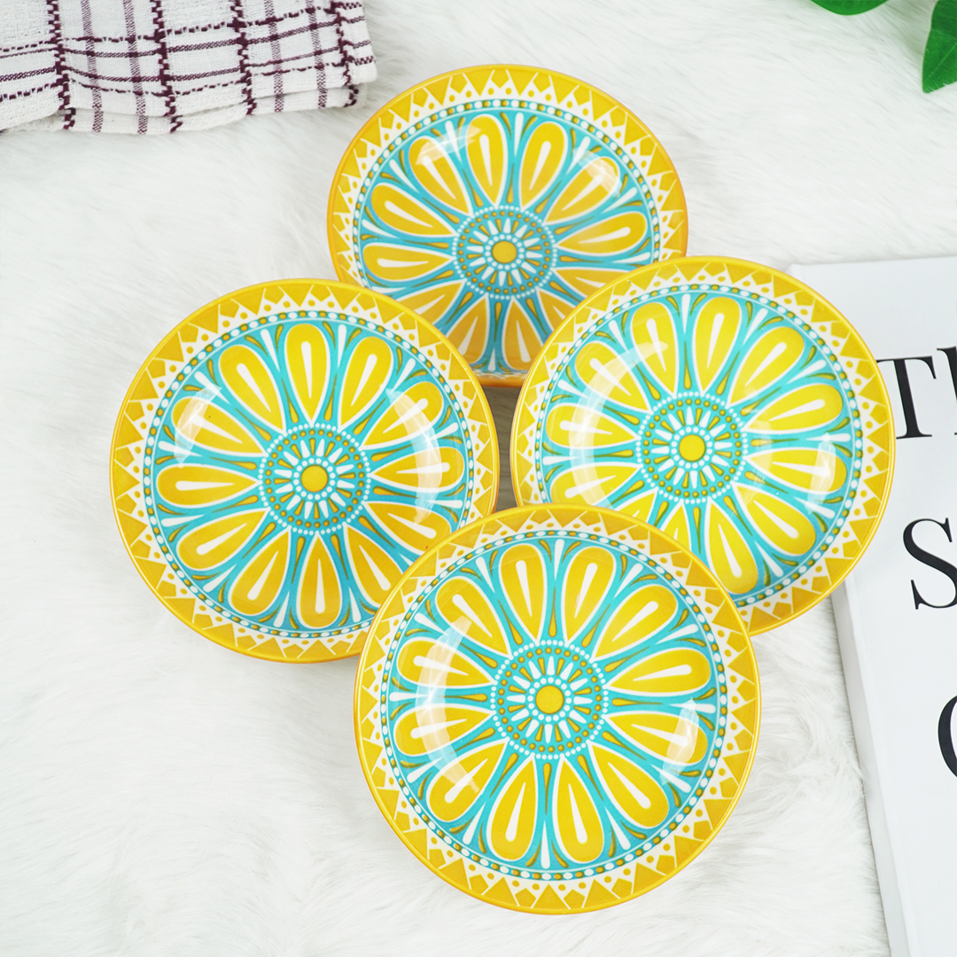 Colorful Ceramic Snack Plates Set – Yellow & Blue Decorative Serving Bowls | Modern Kitchen Tableware (Set of 4)