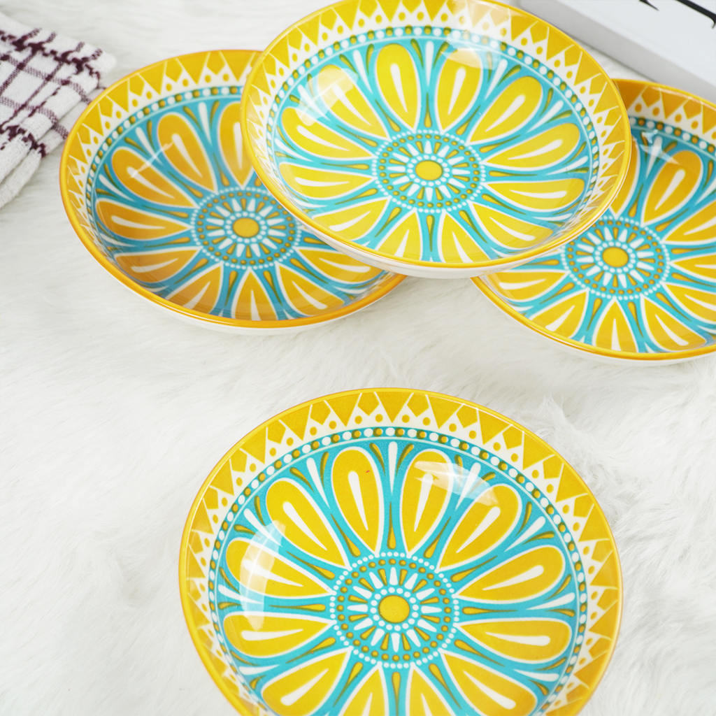 Colorful Ceramic Snack Plates Set – Yellow & Blue Decorative Serving Bowls | Modern Kitchen Tableware (Set of 4)