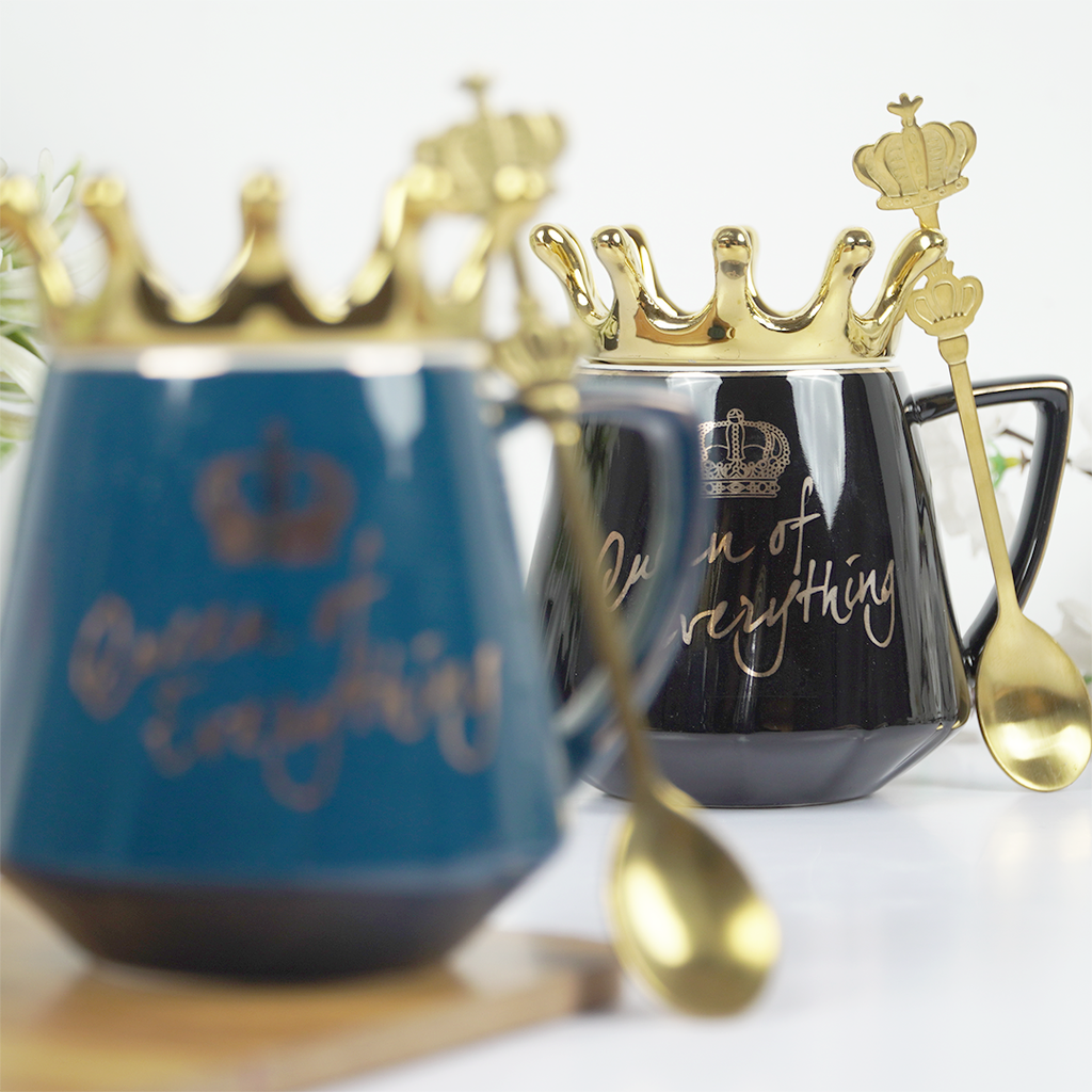 Queen of Everything Ceramic Coffee Mug with Crown Lid & Spoon | Royal Tea & Coffee Mug Set | Gift Mug for Women | (Black & Blue)