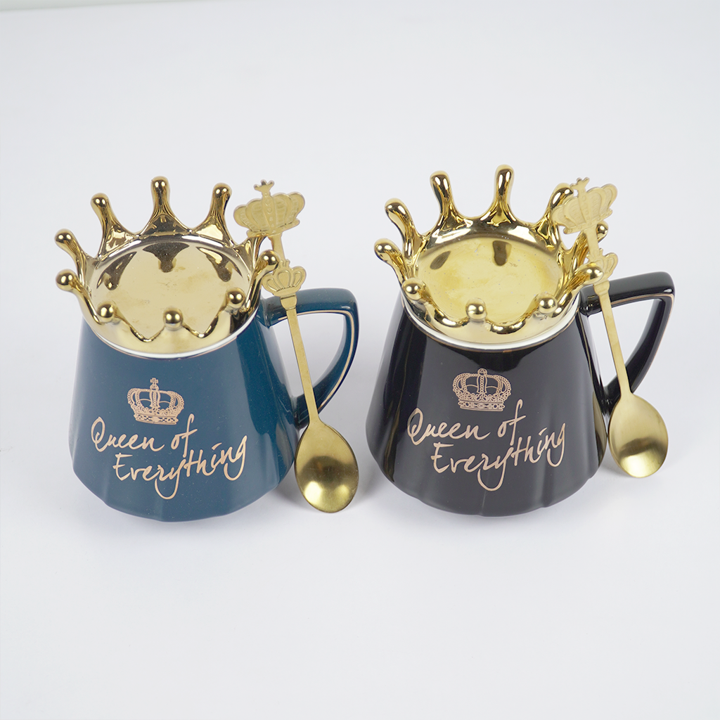 Queen of Everything Ceramic Coffee Mug with Crown Lid & Spoon | Royal Tea & Coffee Mug Set | Gift Mug for Women | (Black & Blue)