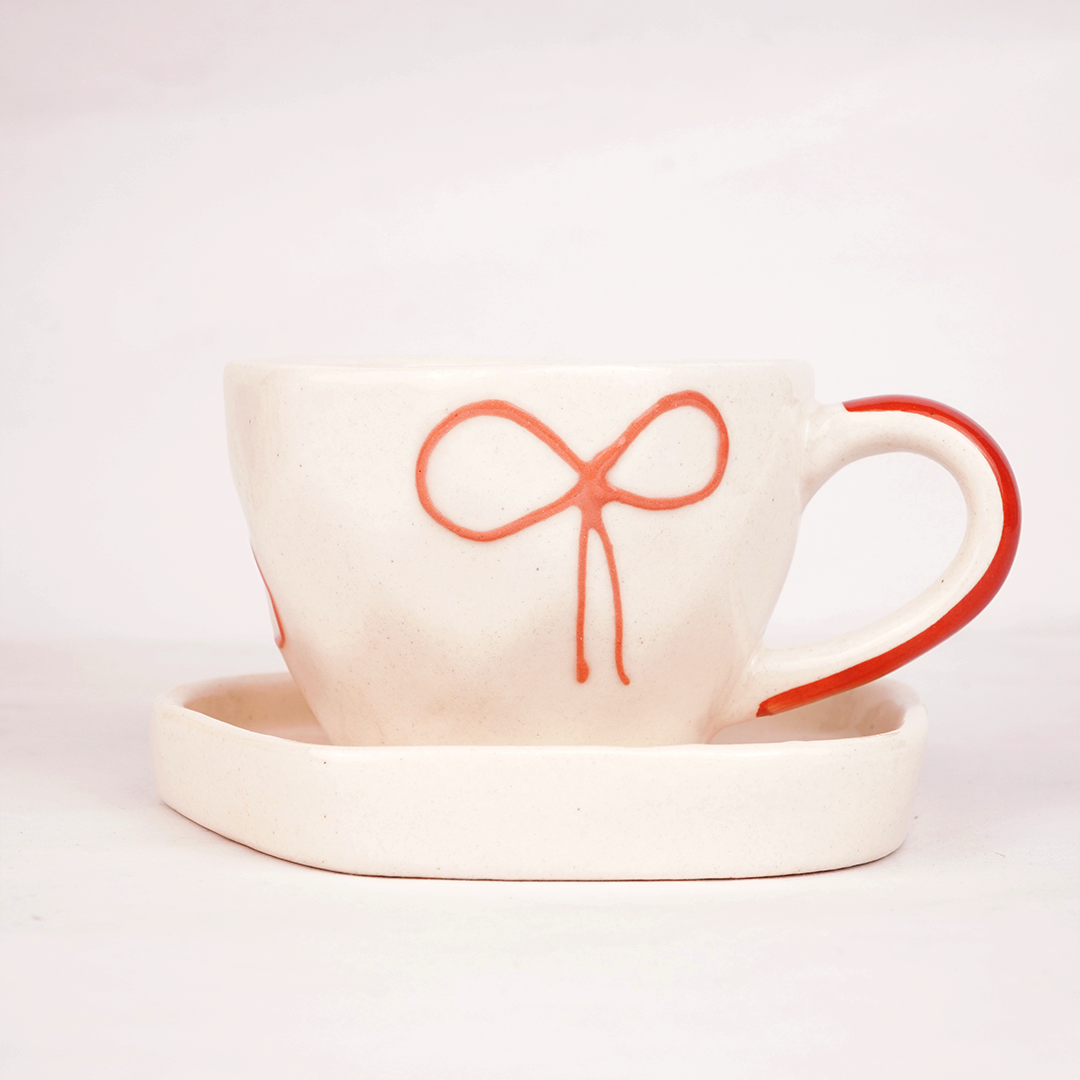 Cream Ceramic Cup & Saucer with Red Bow Design – Cute Aesthetic Tea & Coffee Mug Set