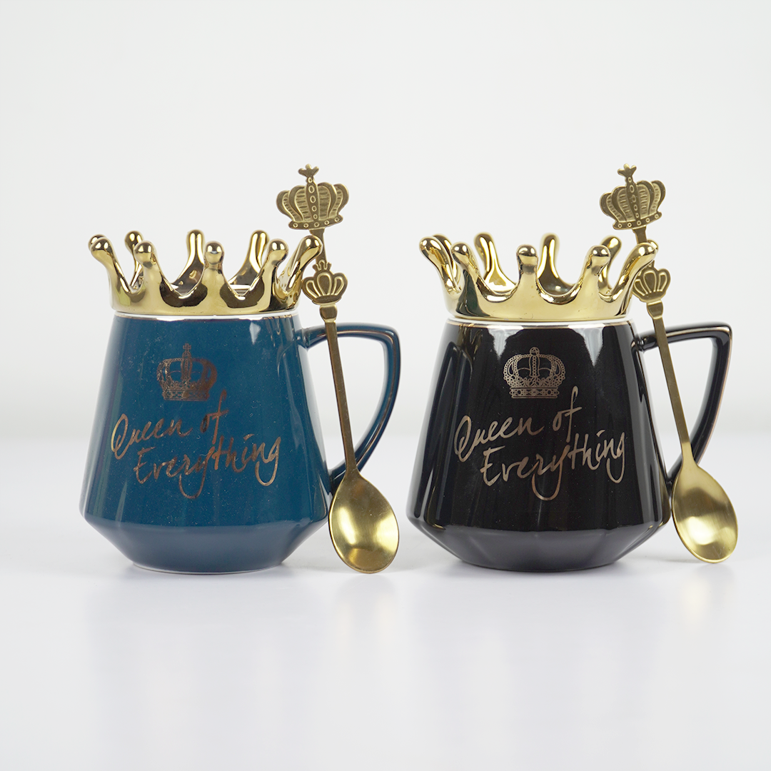 Queen of Everything Ceramic Coffee Mug with Crown Lid & Spoon | Royal Tea & Coffee Mug Set | Gift Mug for Women | (Black & Blue)