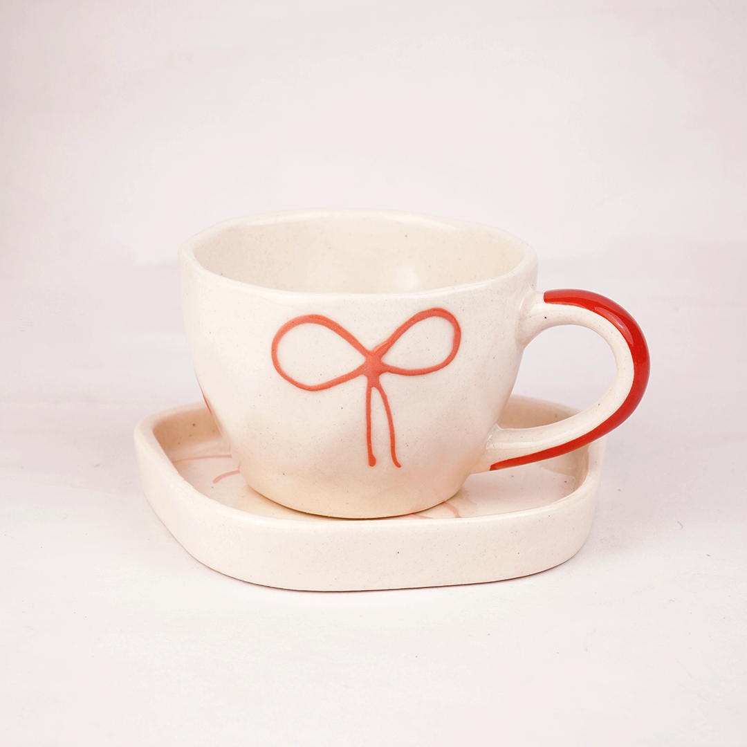 Cream Ceramic Cup & Saucer with Red Bow Design – Cute Aesthetic Tea & Coffee Mug Set