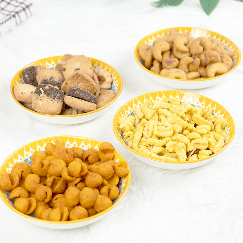 Colorful Ceramic Snack Plates Set – Yellow & Blue Decorative Serving Bowls | Modern Kitchen Tableware (Set of 4)