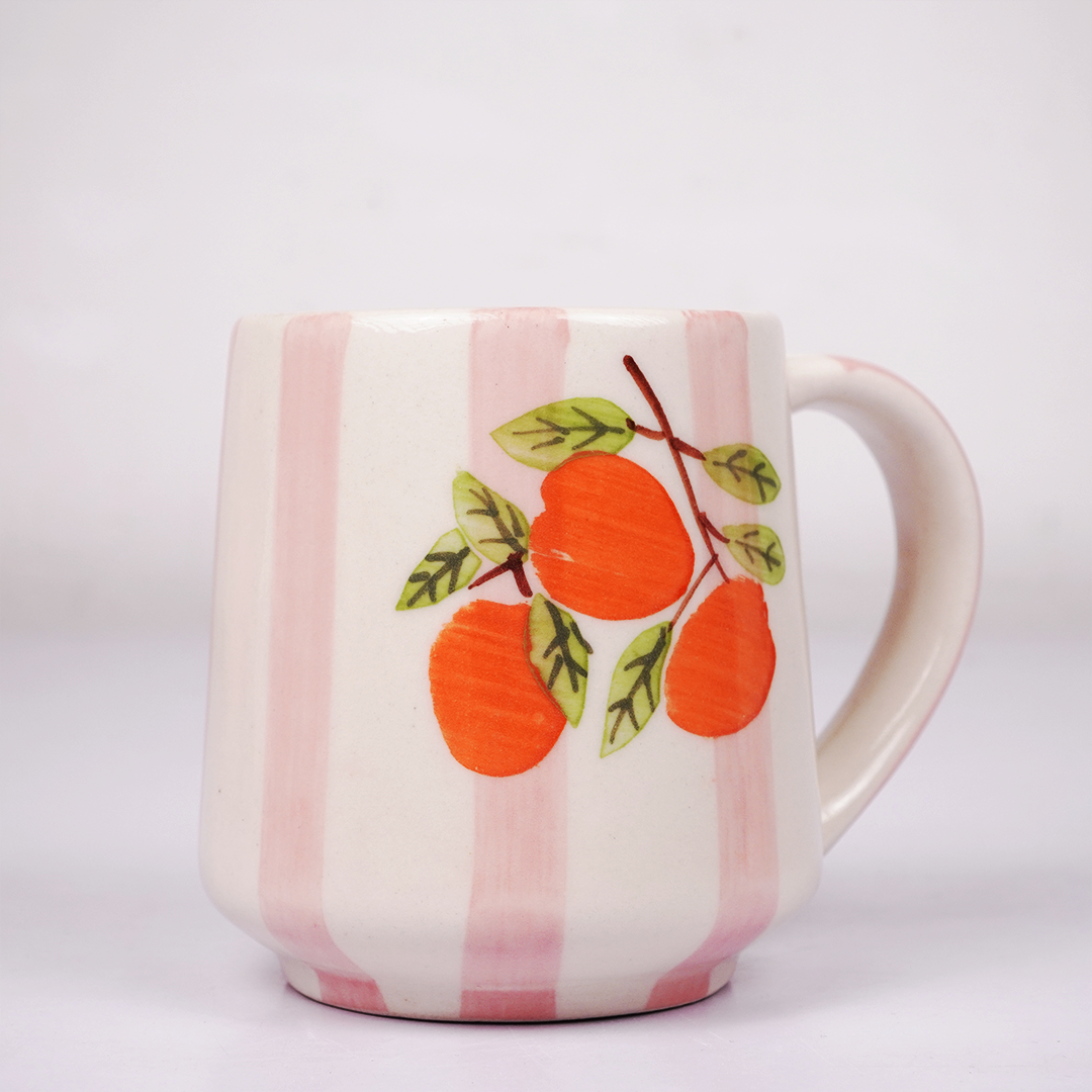 Ceramic Coffee Mug with Hand Painted Orange Fruit Design & Pink Stripe Pattern