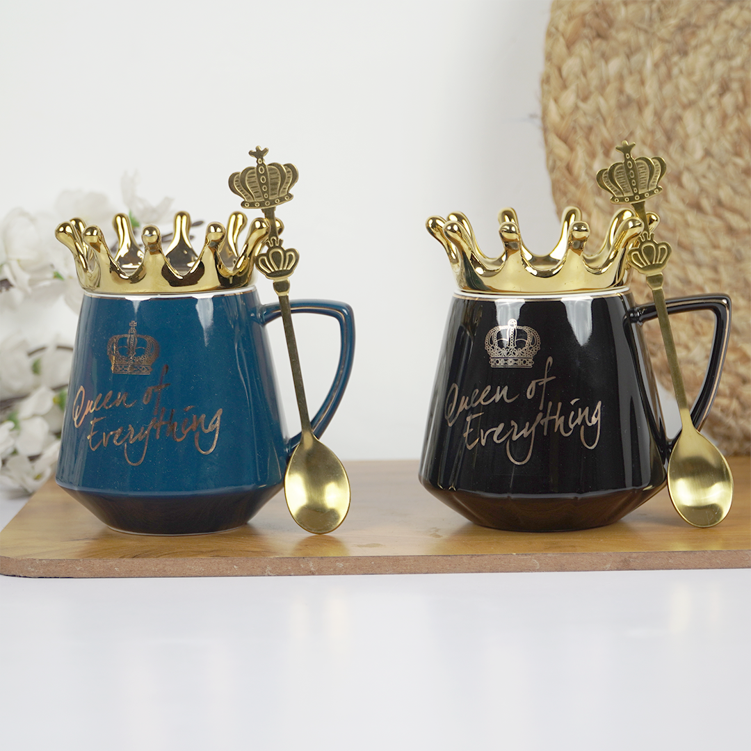 Queen of Everything Ceramic Coffee Mug with Crown Lid & Spoon | Royal Tea & Coffee Mug Set | Gift Mug for Women | (Black & Blue)