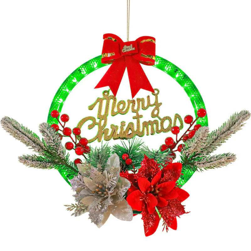 LED Christmas Wreath with Flowers & Red Bow – 30cm
