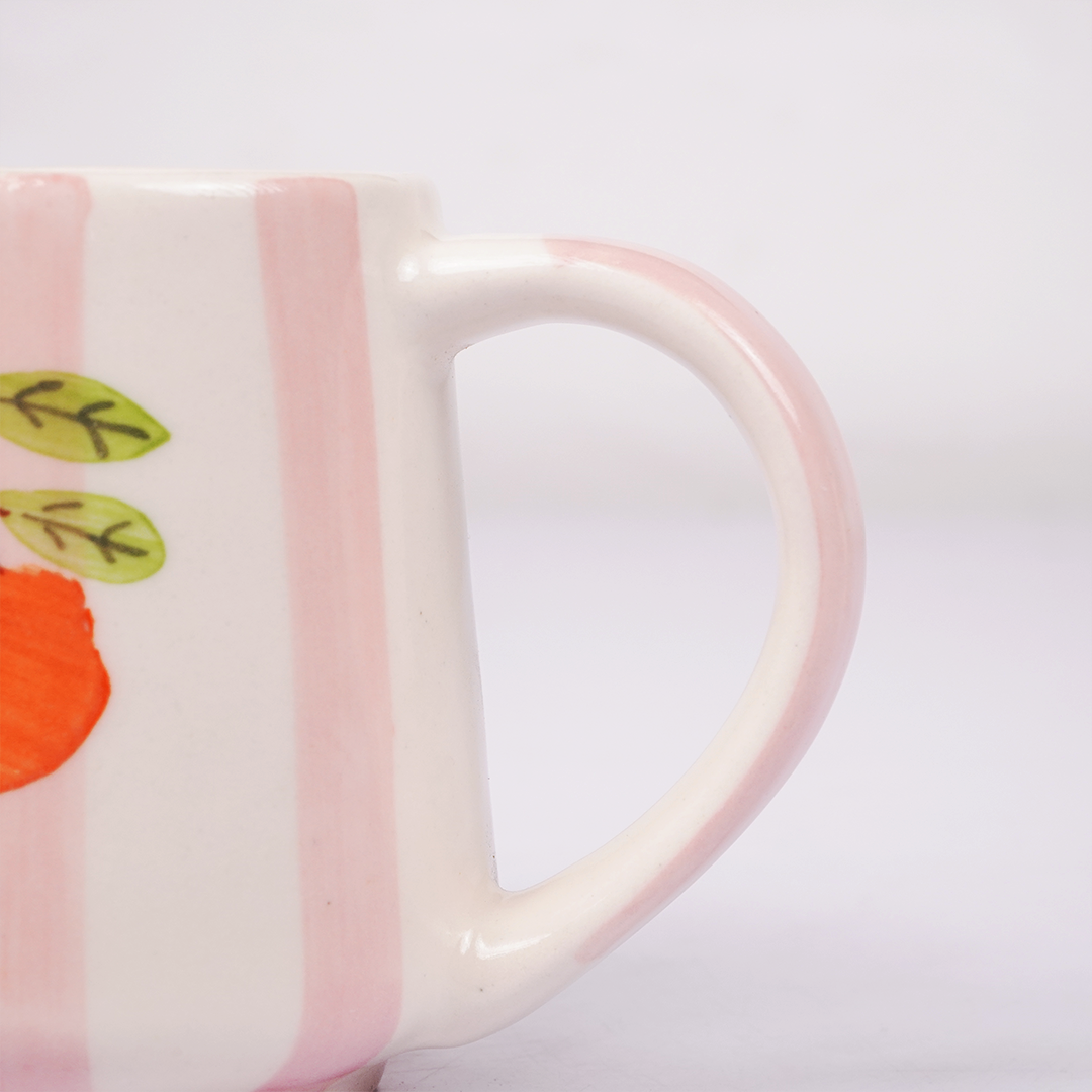 Ceramic Coffee Mug with Hand Painted Orange Fruit Design & Pink Stripe Pattern