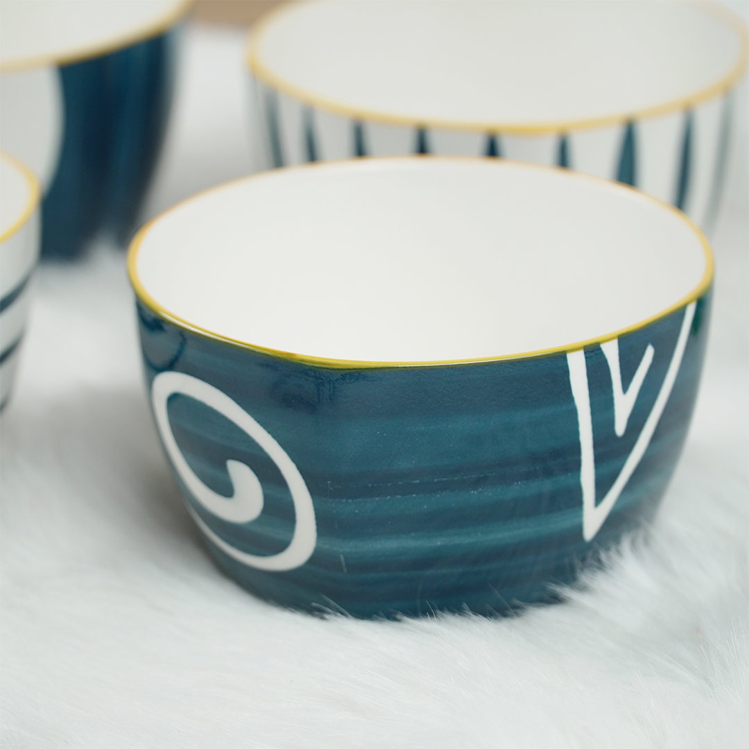 Modern Ceramic Bowl Set – Blue & White Designer Snack Bowls | Multipurpose Serving Bowls (Set of 4)
