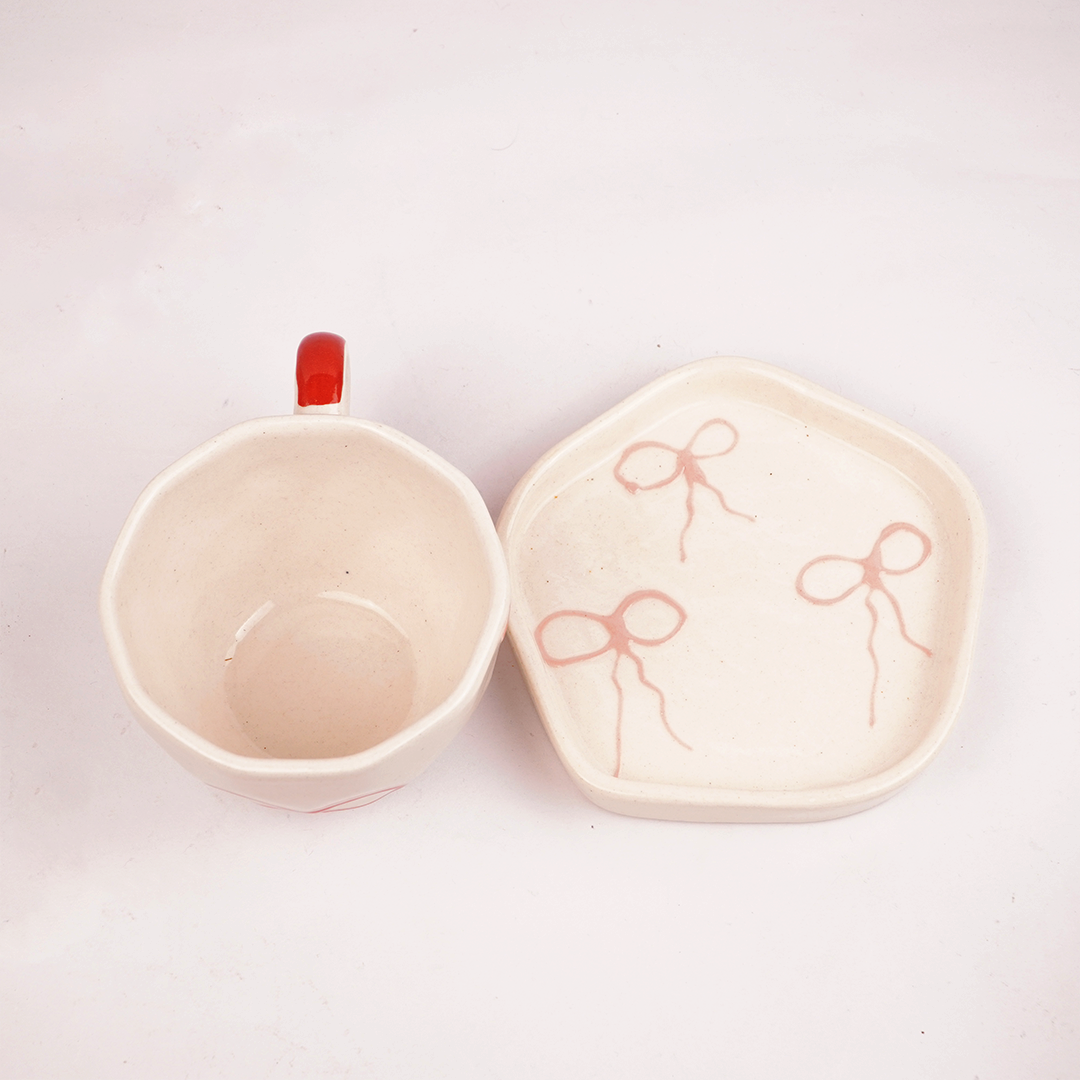 Cream Ceramic Cup & Saucer with Red Bow Design – Cute Aesthetic Tea & Coffee Mug Set