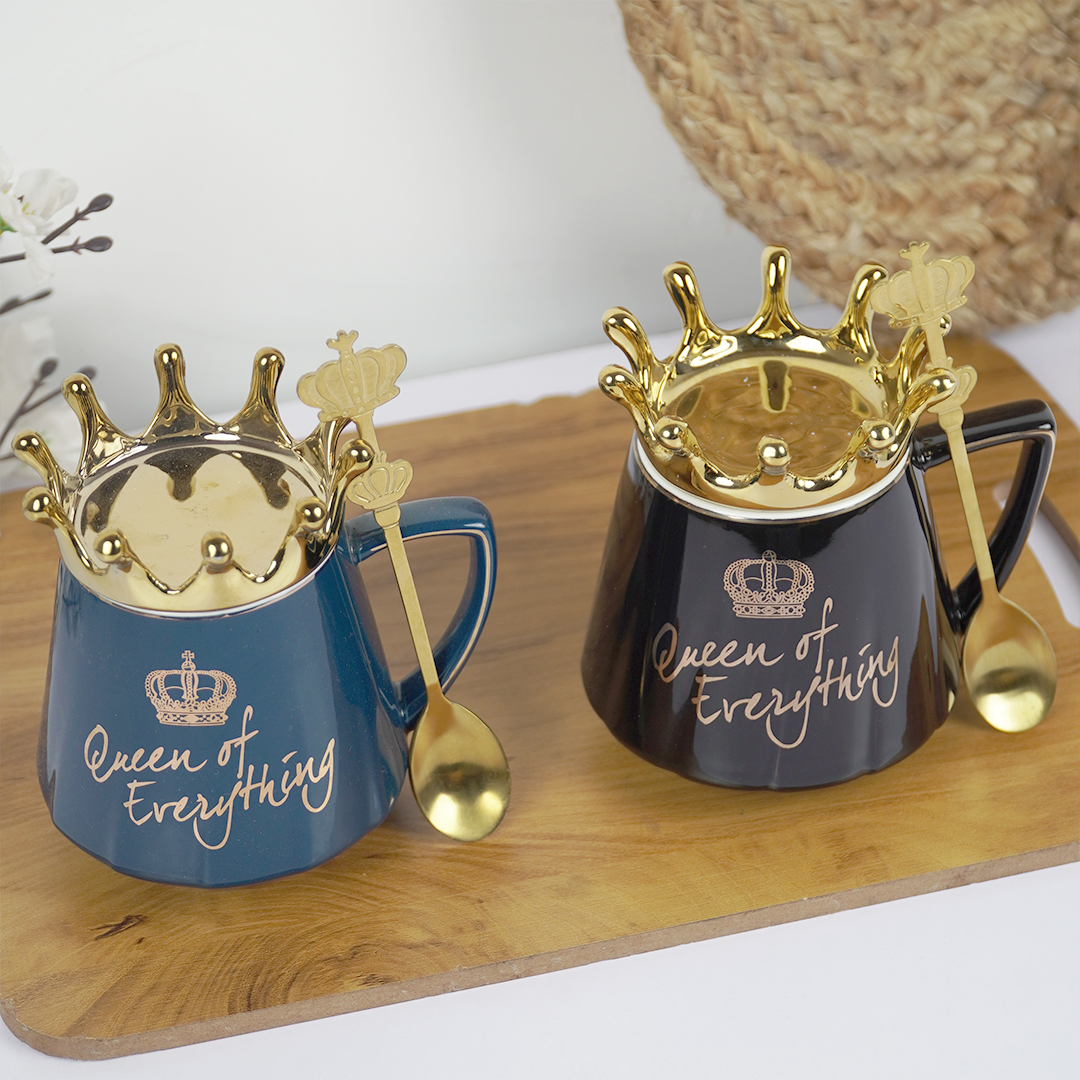 Queen of Everything Ceramic Coffee Mug with Crown Lid & Spoon | Royal Tea & Coffee Mug Set | Gift Mug for Women | (Black & Blue)