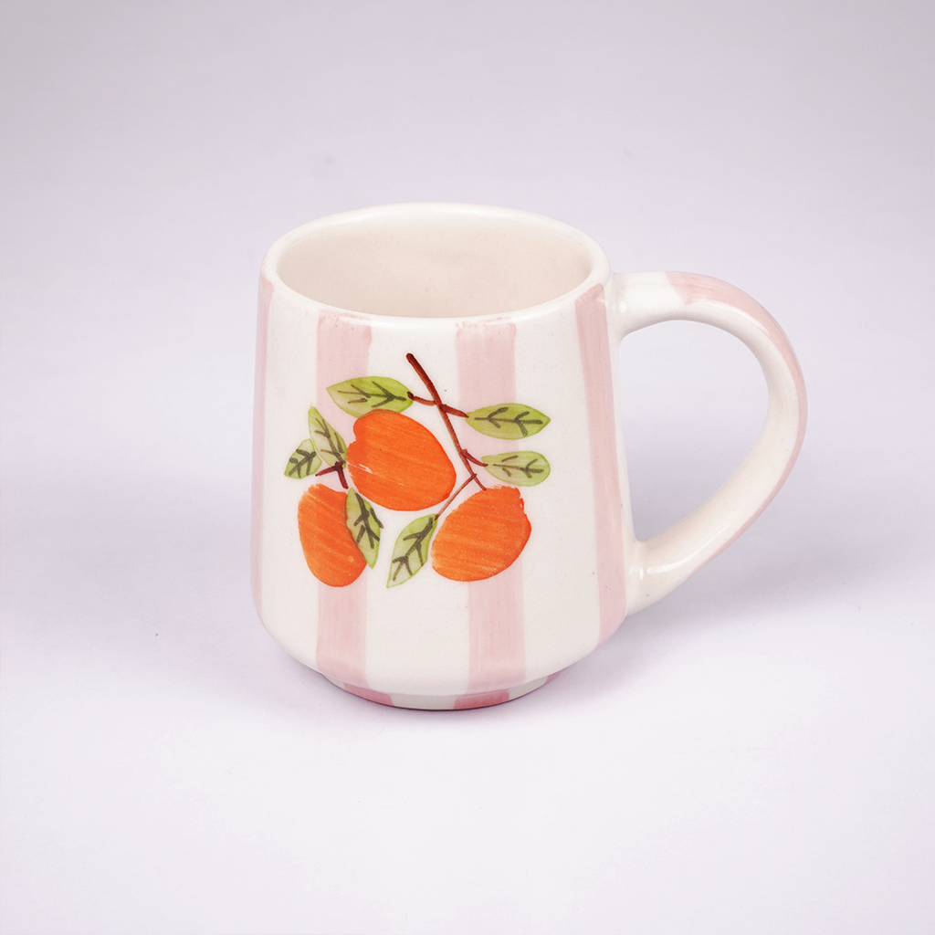Ceramic Coffee Mug with Hand Painted Orange Fruit Design & Pink Stripe Pattern
