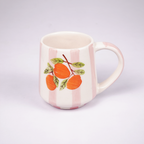 Ceramic Coffee Mug with Hand Painted Orange Fruit Design & Pink Stripe Pattern