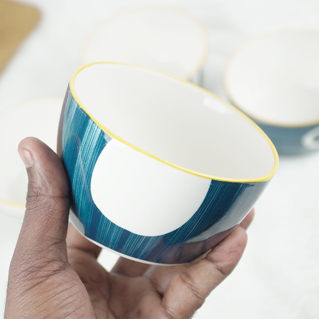 Modern Ceramic Bowl Set – Blue & White Designer Snack Bowls | Multipurpose Serving Bowls (Set of 4)