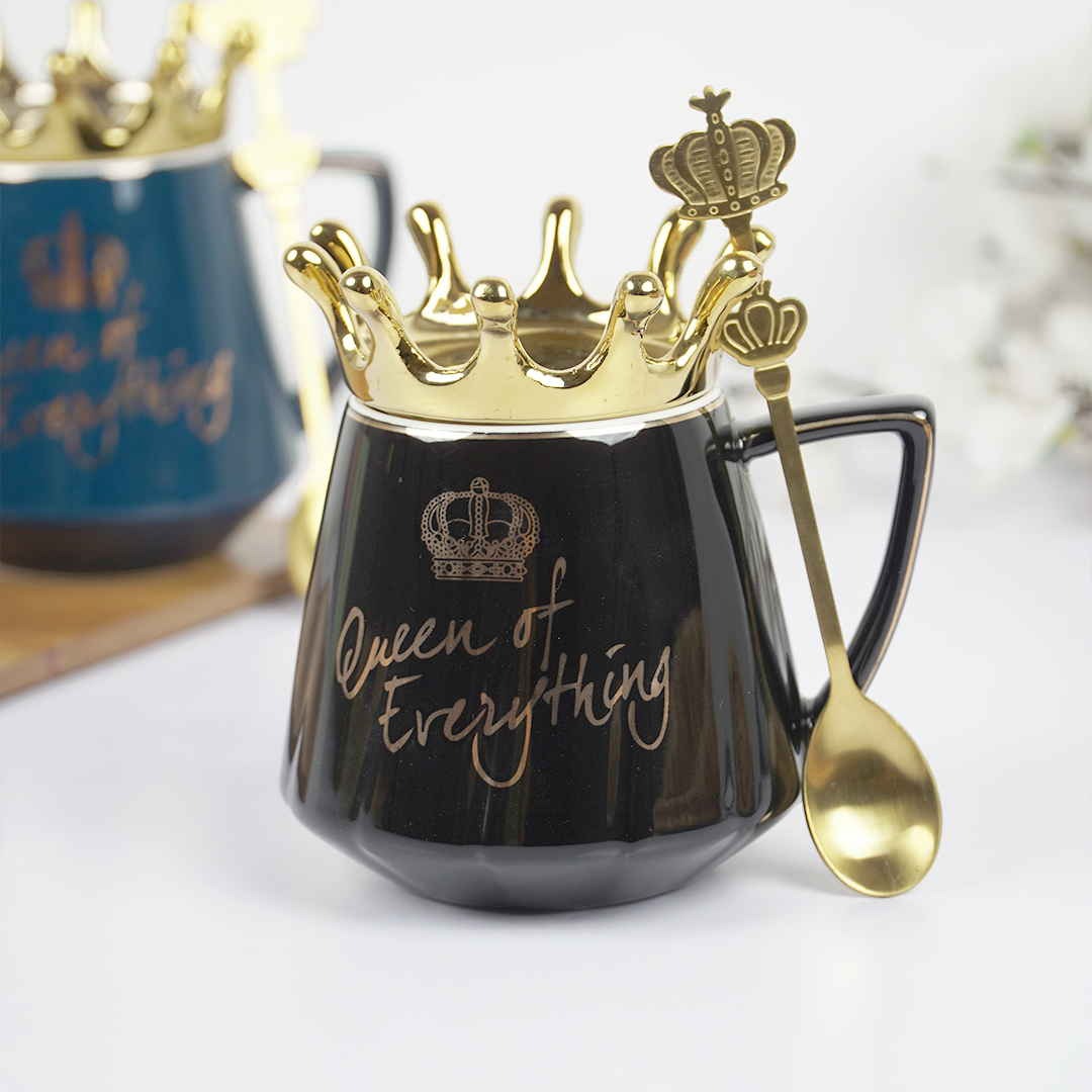 Queen of Everything Ceramic Coffee Mug with Crown Lid & Spoon | Royal Tea & Coffee Mug Set | Gift Mug for Women | (Black & Blue)