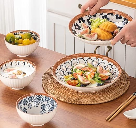 Blue Blossom Ceramic Dinner Set – 4 Bowls & 2 Plates | Hand-Painted Floral Design