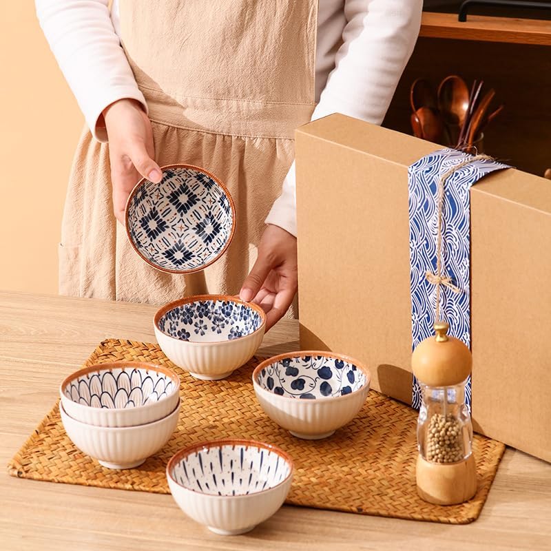 Blue & White Ceramic Bowl Set of 6 – Japanese Floral Pattern Serving & Snack Bowls