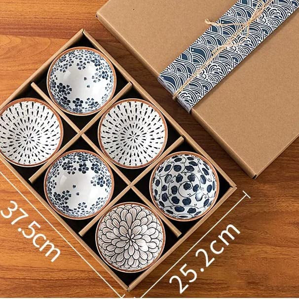 Monochrome Charm Ceramic Bowls – Set of 6 | Elegant Hand-Painted Snack Bowls in Gift Box