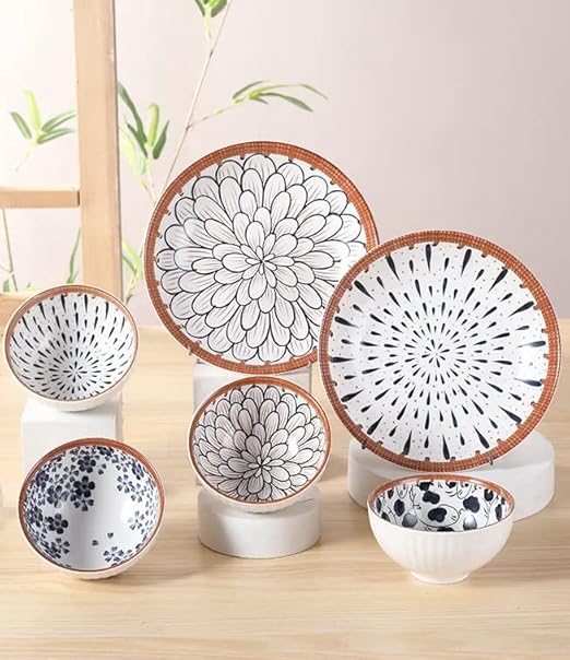 Blue Blossom Ceramic Dinner Set – 4 Bowls & 2 Plates | Hand-Painted Floral Design