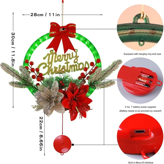 LED Christmas Wreath with Flowers & Red Bow – 30cm