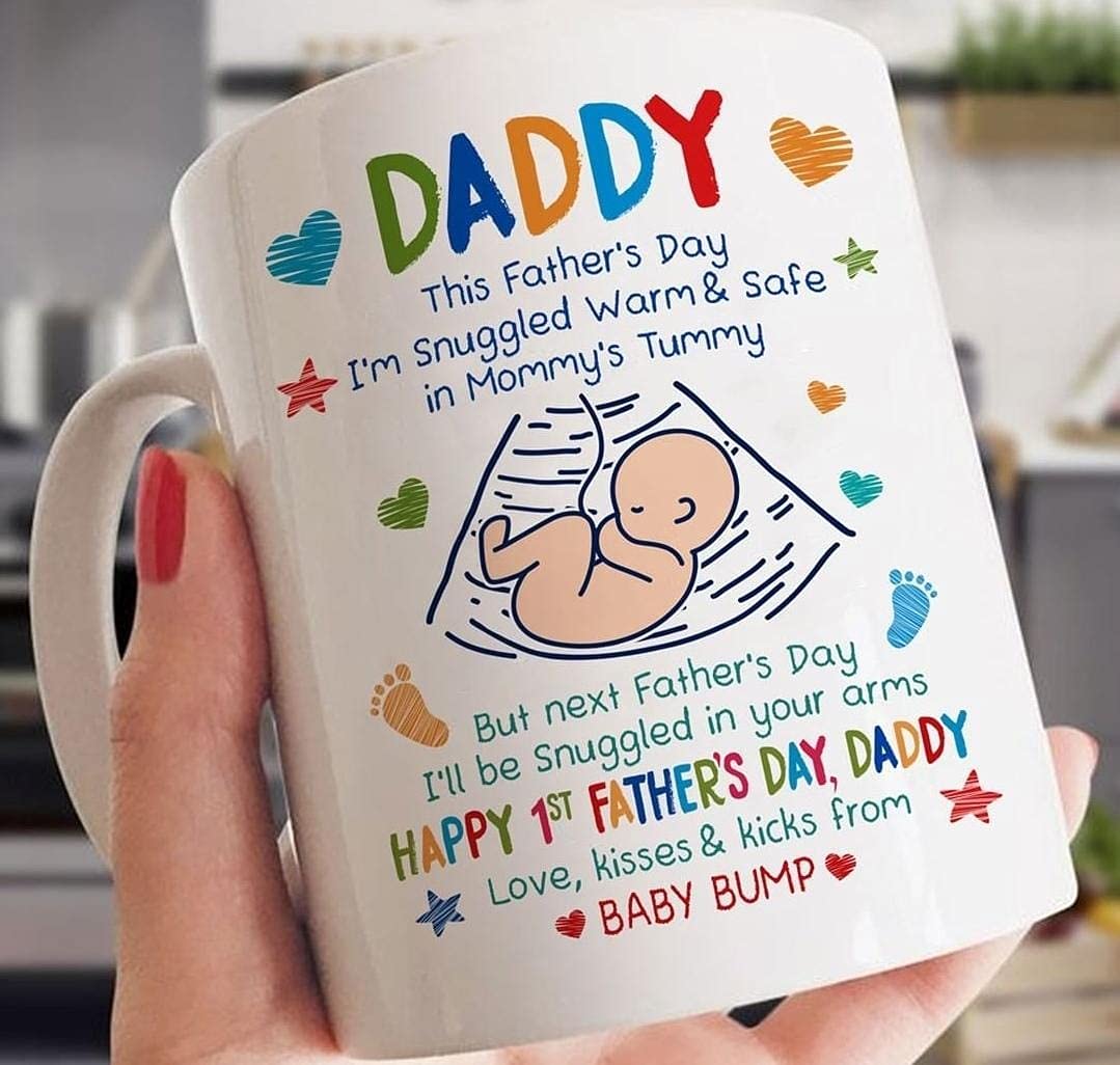 Happy First Father's Day Daddy Mug | Baby Bump Pregnancy Reveal Coffee Mug