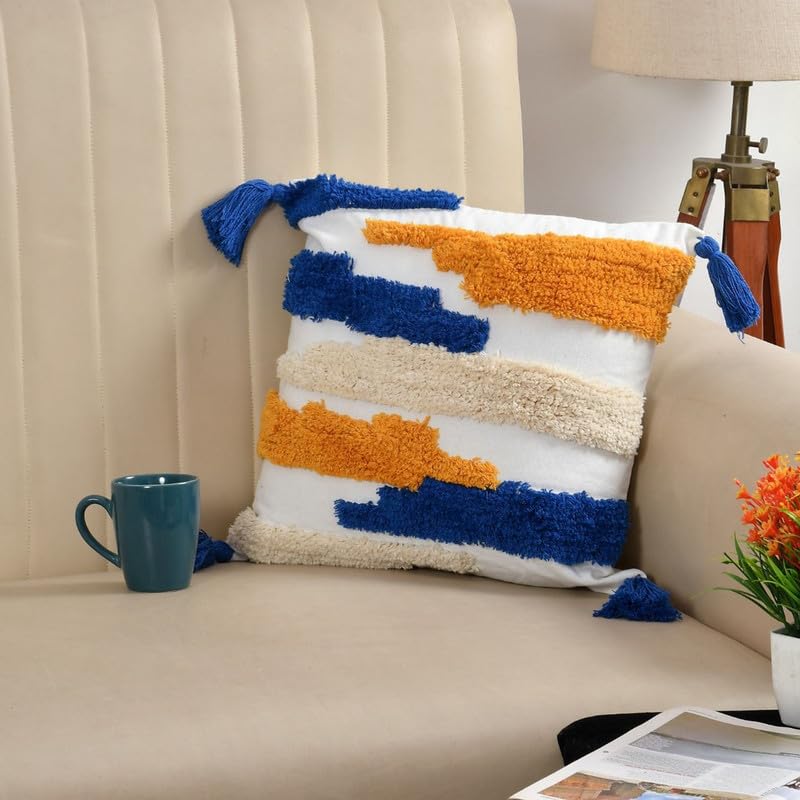 Blue, Mustard & Cream Boho Tufted Cushion Cover Set – Textured Decorative Throw Pillows cover Set with Tassels for Sofa, Living Room & Bedroom (Pack of 2)