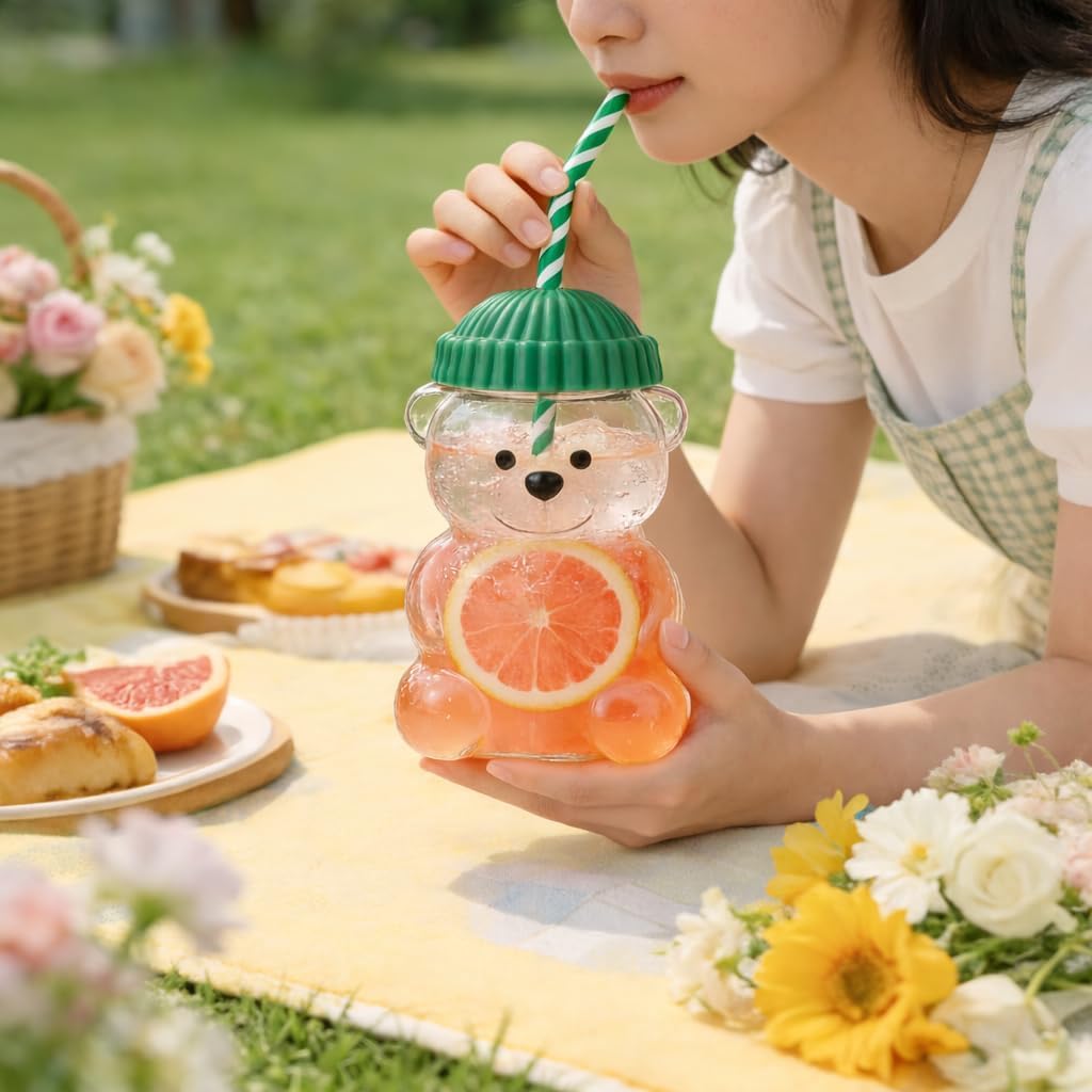 Bear Shape Glass Cup with Straw | Cute Glass Tumbler for Kids, Milk & Cold Drinks
