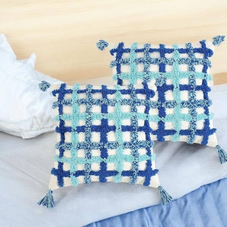 Blue & Teal Checkered Boho Cushion Cover Set – Tufted Textured Decorative Throw Pillows Cover Set with Tassels for Sofa, Living Room & Bedroom (Pack of 2)