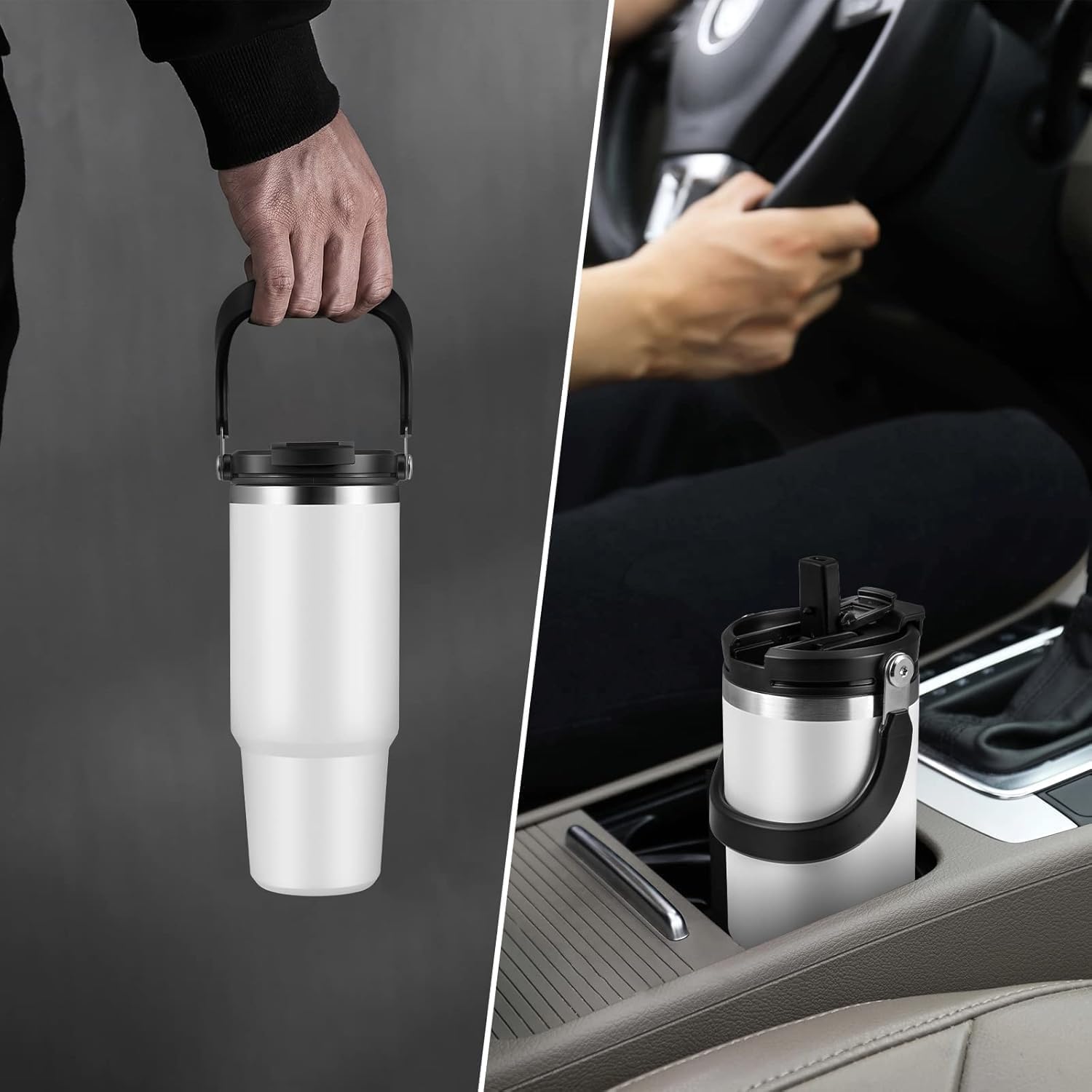 Modern Vacuum Insulated Travel WHITE COLOR Tumbler with Carry Handle  Short & Catchy