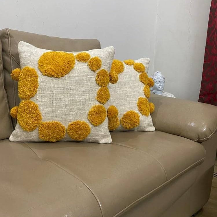 Mustard Pom-Pom Textured Cushion Cover Set – Boho Decorative Throw Pillows Cover Set for Sofa, Living Room & Bedroom (Pack of 2)