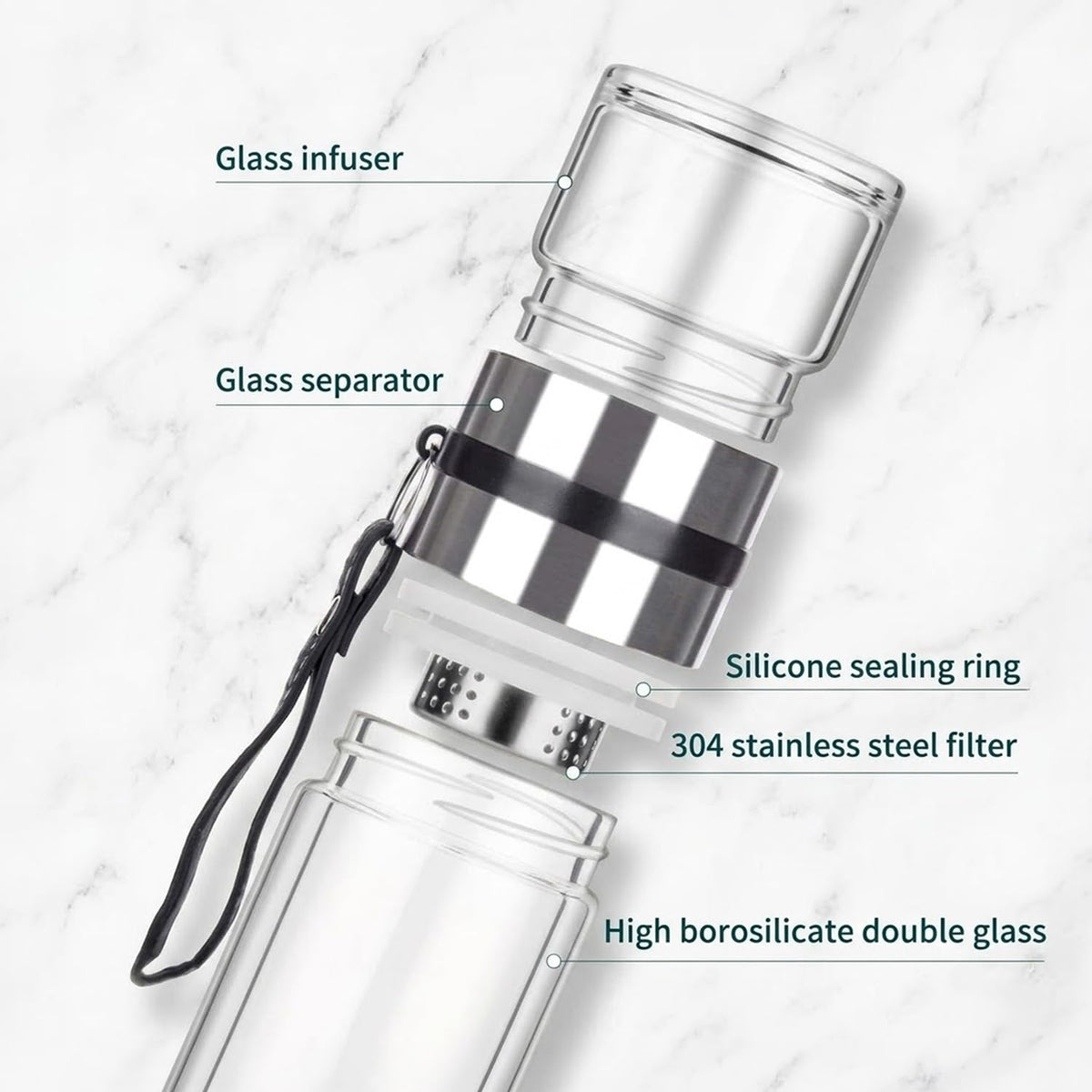 Glass Water Bottle with Stainless Steel Lid & Carry Strap | Reusable Travel & Gym Bottle